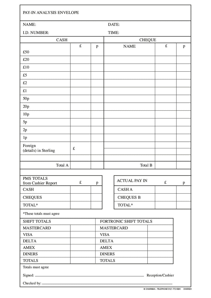 Pay In Analysis Envelopes