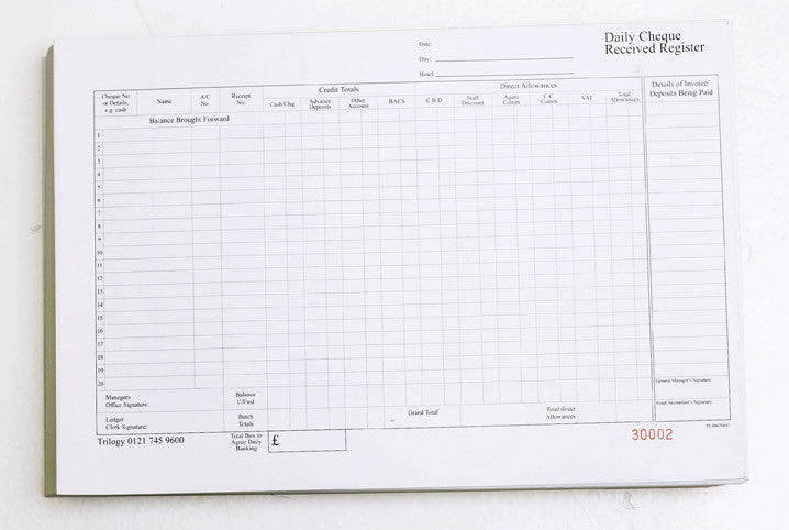 Daily Cheque Received Register